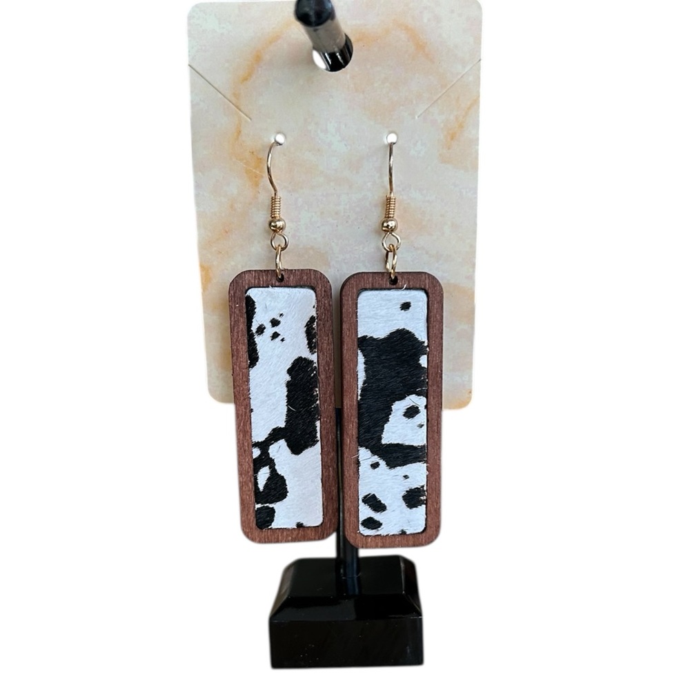 New Wooden Black & White Cowprint Earrings